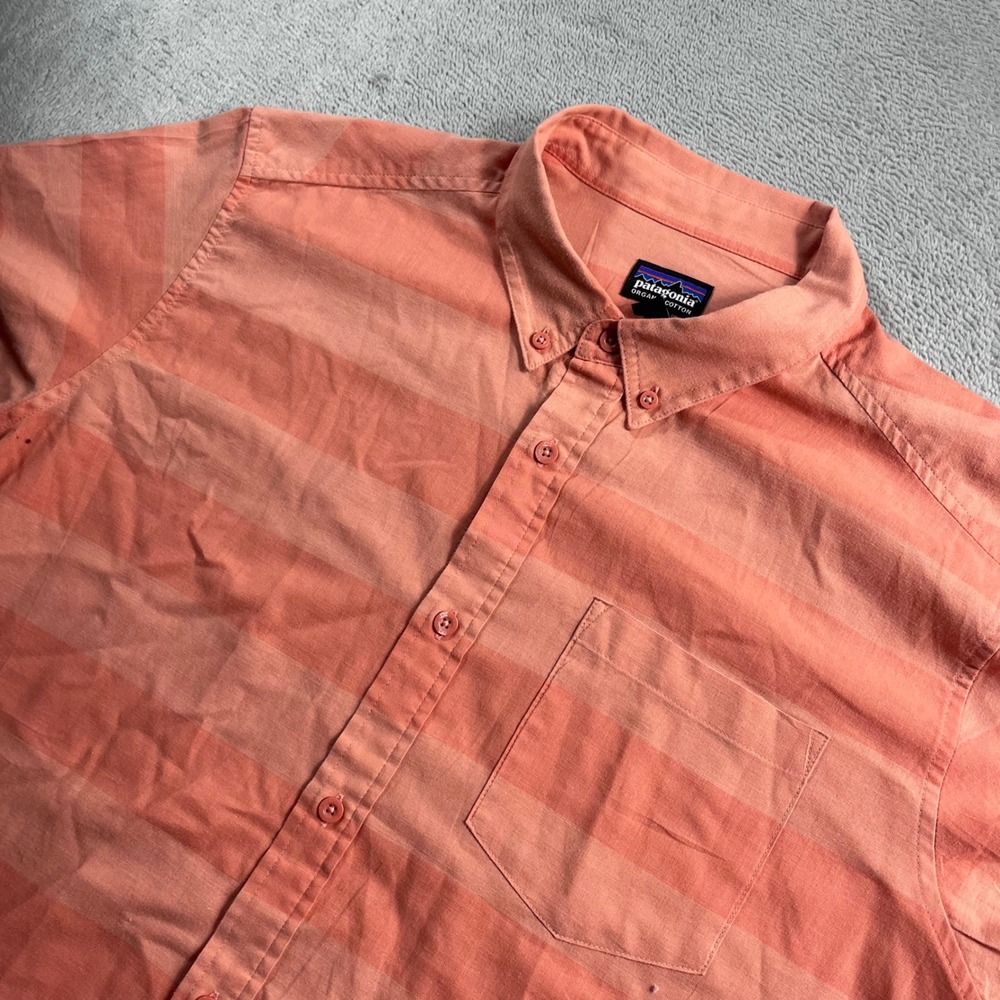 Patagonia Backstep Shirt Mens Large Orange Striped Hemp Cotton SS 54121 SP20